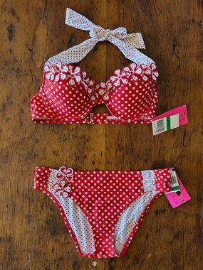 Y2k Betsey Johnson Floral Red Polka Dot Bikini Set